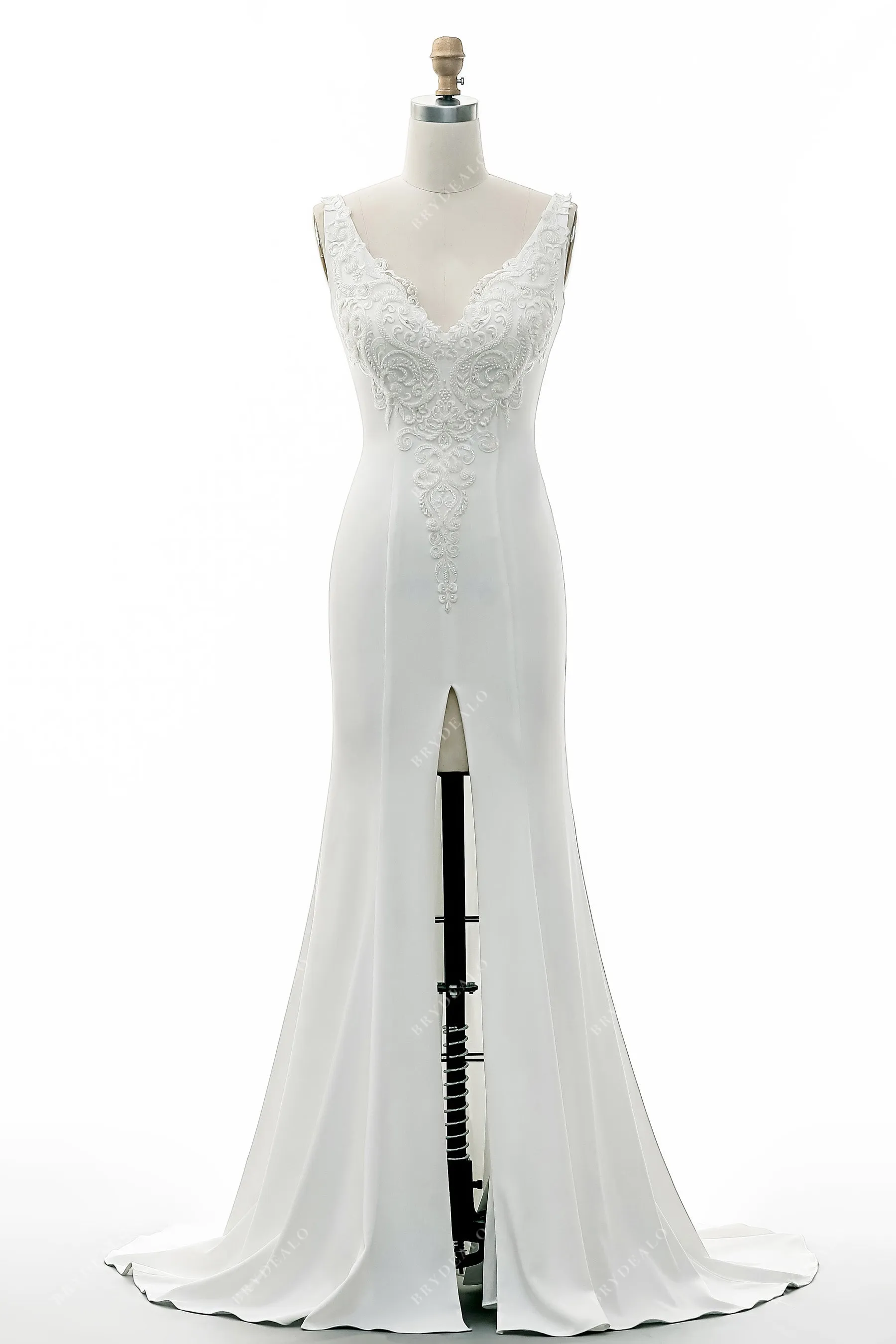 Beaded Lace Strap V Neckline High Slit Wedding Gown