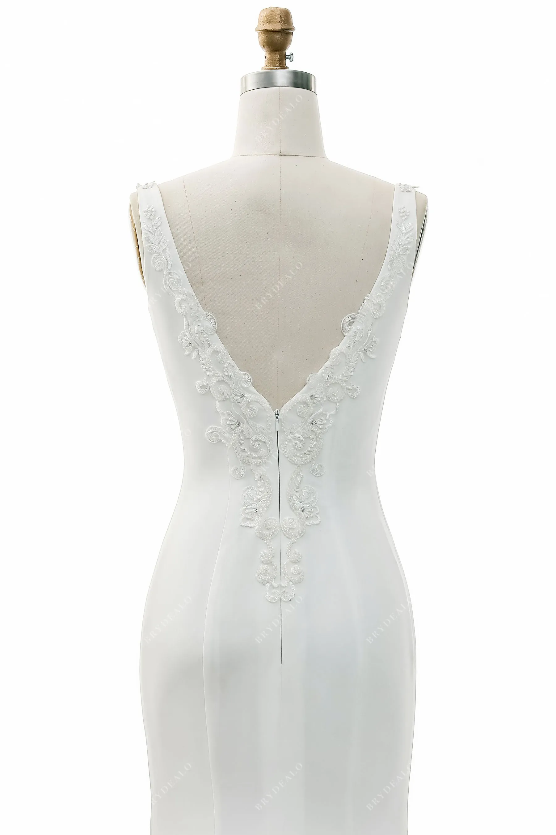 Beaded Lace Strap V Neckline High Slit Wedding Gown