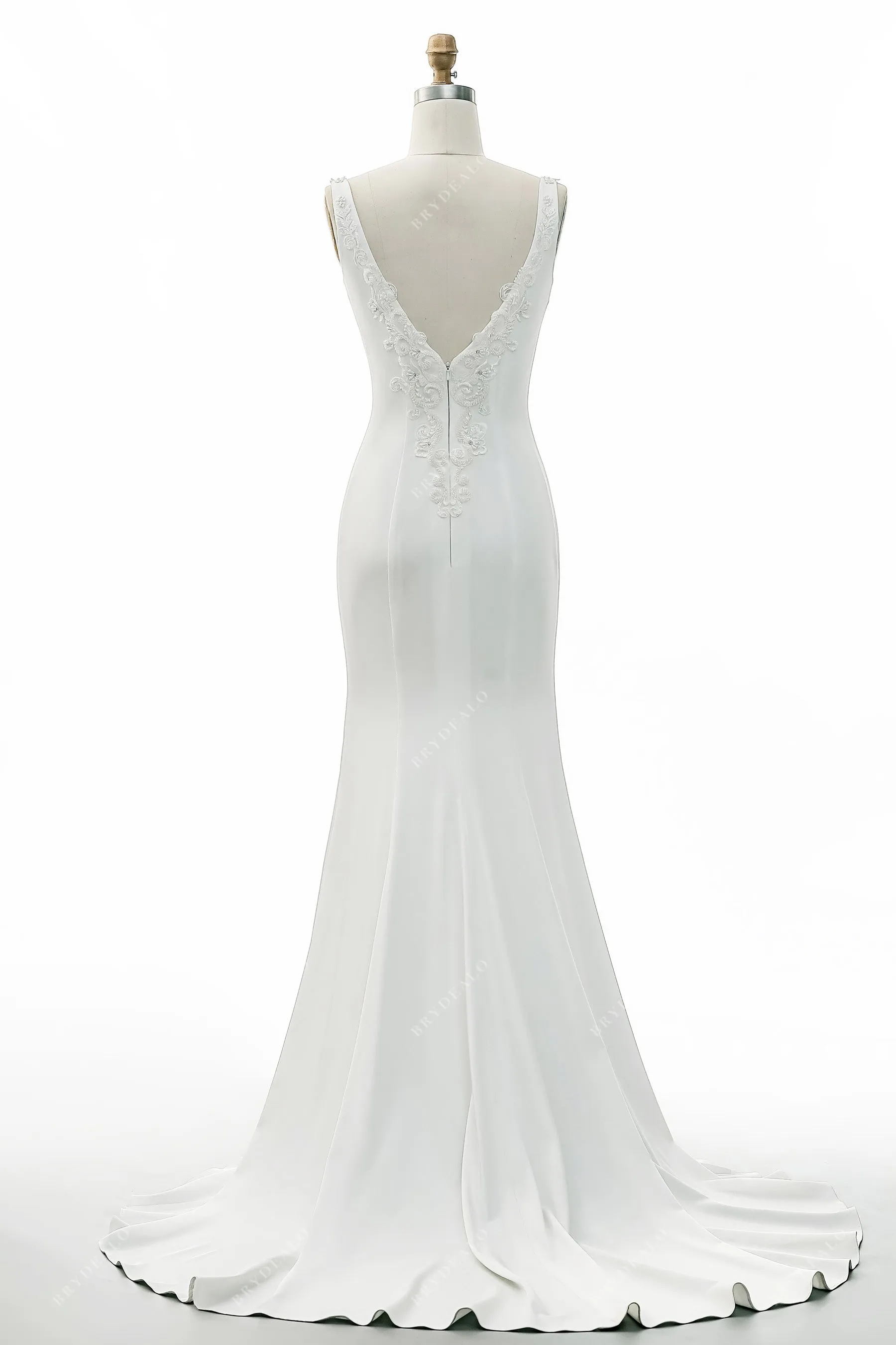 Beaded Lace Strap V Neckline High Slit Wedding Gown