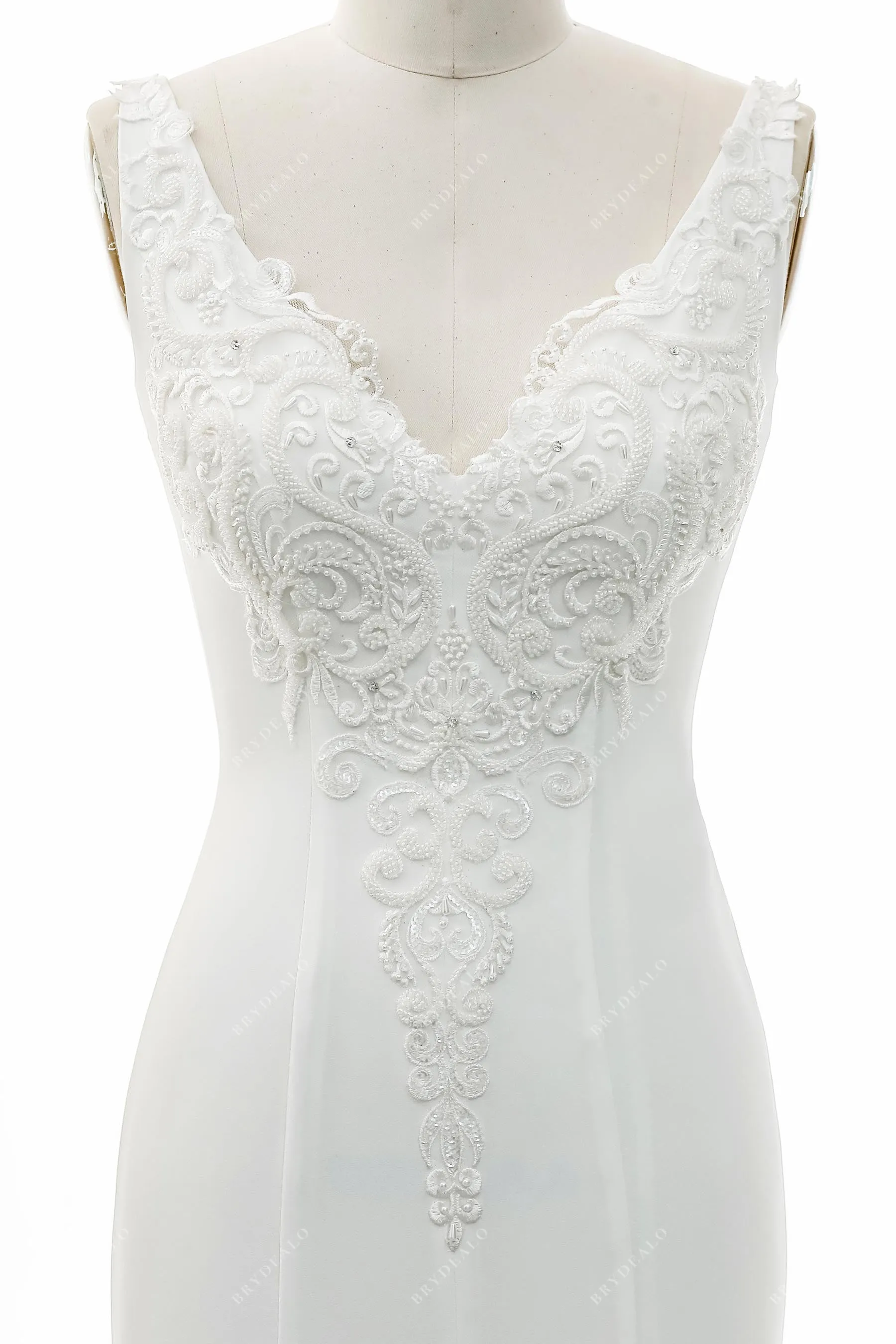 Beaded Lace Strap V Neckline High Slit Wedding Gown
