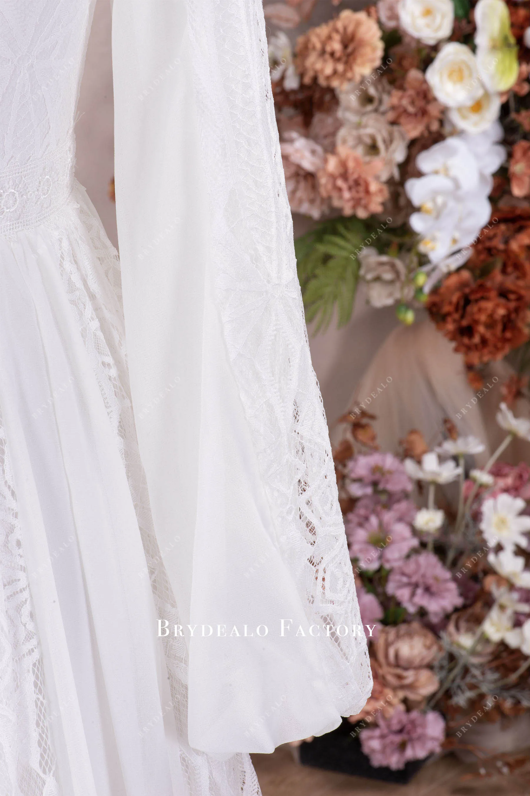Boho Bubble Sleeve Lace Chiffon Aline Wedding Dress