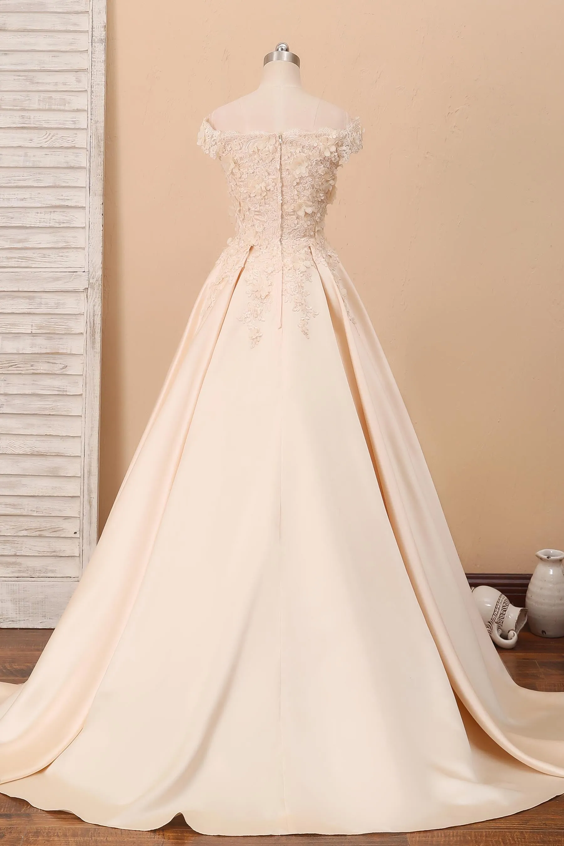 Champagne 3D Lace Off-shoulder Wedding Ball Gown