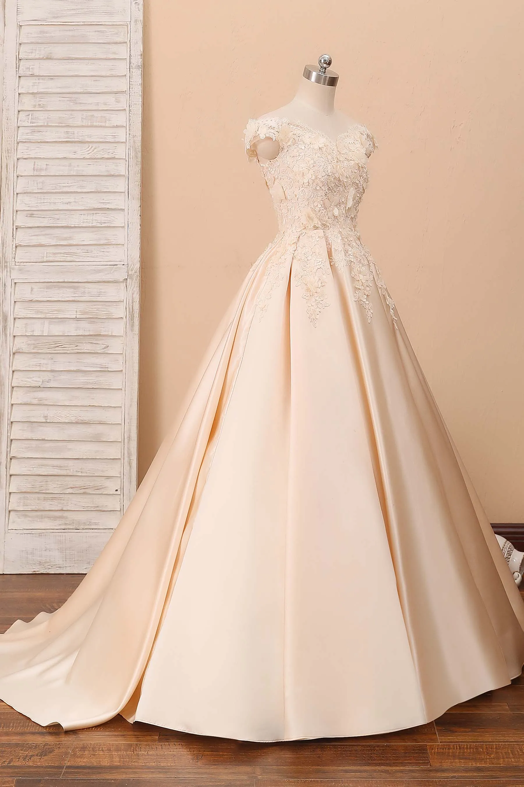 Champagne 3D Lace Off-shoulder Wedding Ball Gown