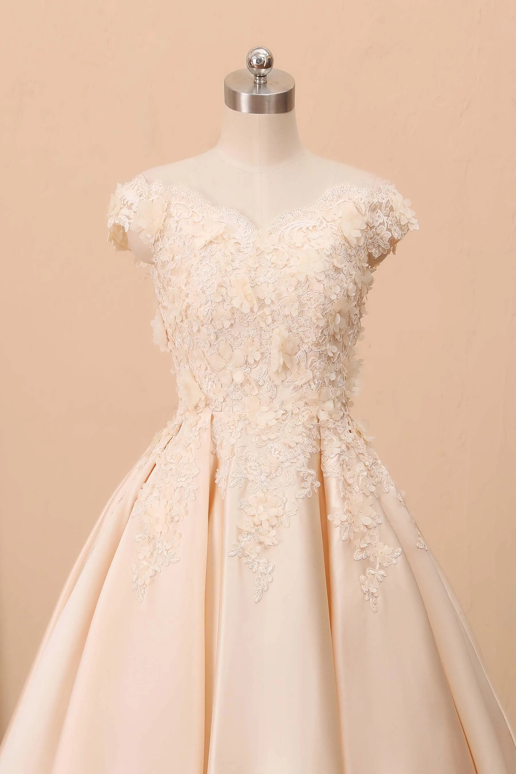 Champagne 3D Lace Off-shoulder Wedding Ball Gown