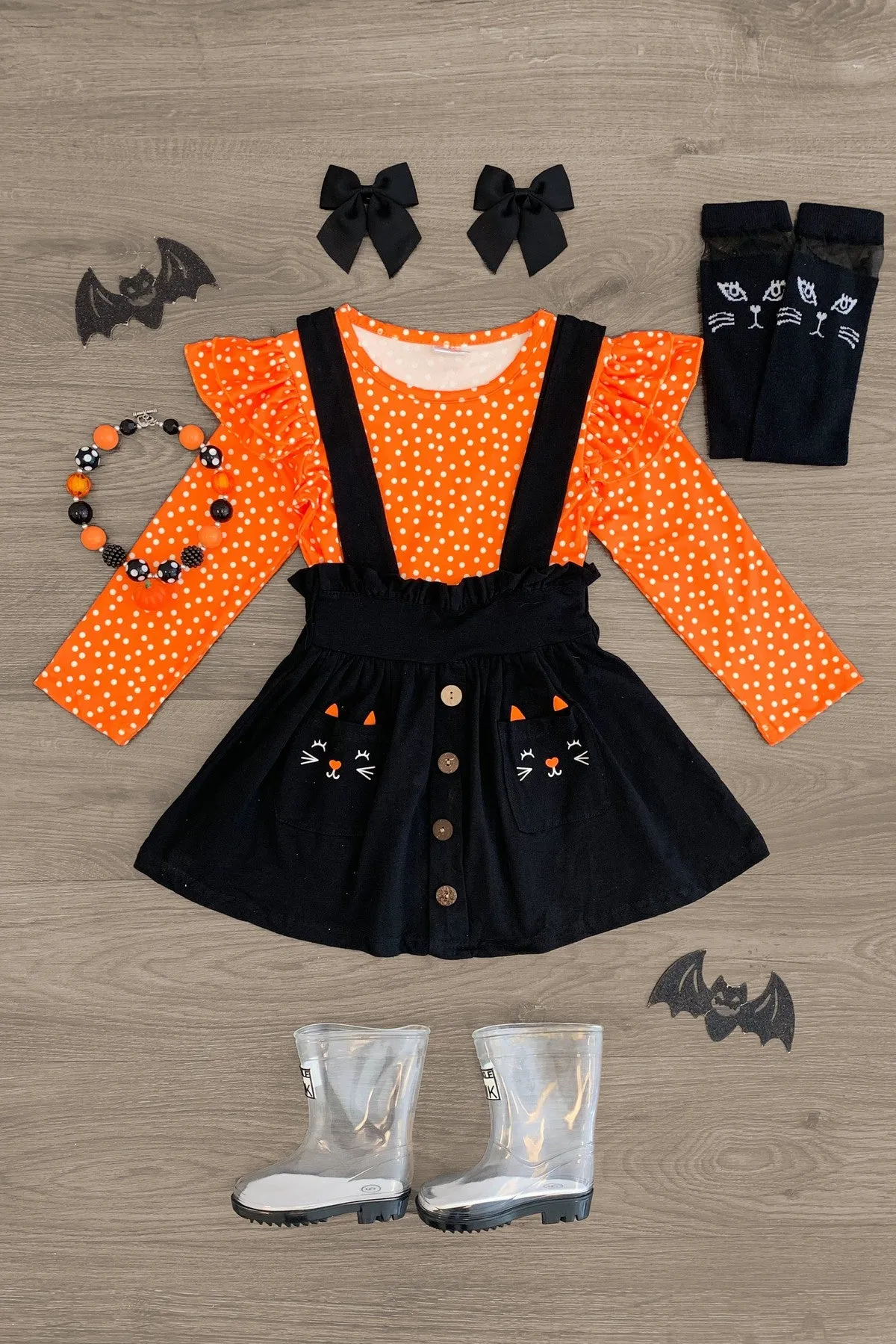Kitty Polka Dot Suspender Skirt Set