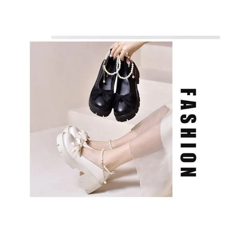 Platform Bow Faux Pearl Ankle Strap Pumps