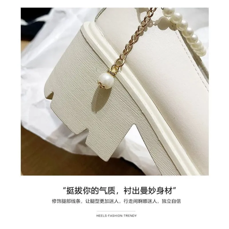 Platform Bow Faux Pearl Ankle Strap Pumps