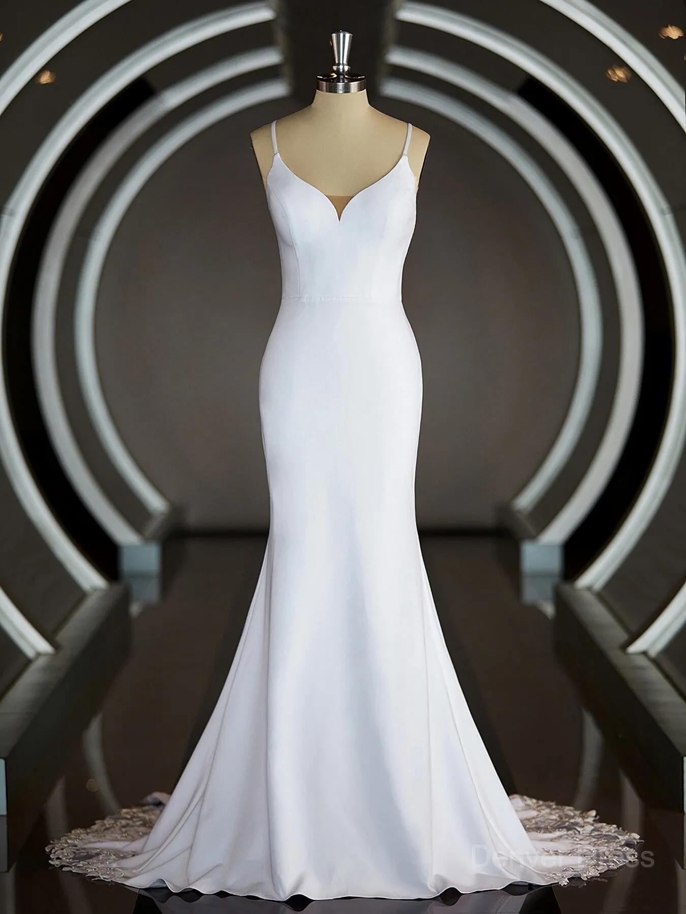 Sheath V-neck Court Train Stretch Crepe Wedding Dresses with Ruffles