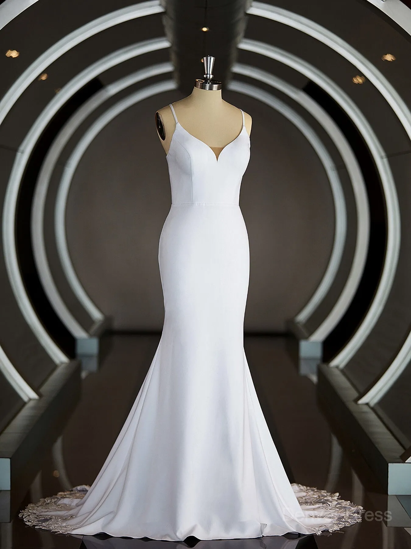 Sheath V-neck Court Train Stretch Crepe Wedding Dresses with Ruffles