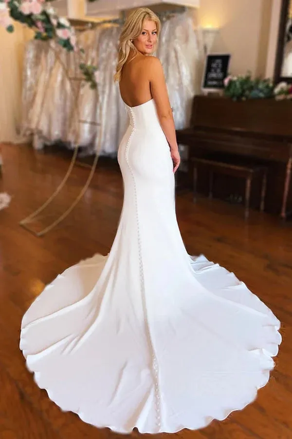 Strapless White Satin Mermaid Wedding Dress Simple Bridal Gown